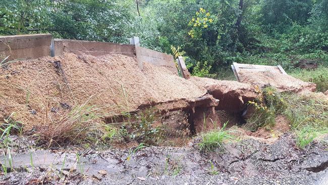 Paul Boutris took this photo of serious damage to Newee Creek Rd on the afternoon of March 29 about 100 meters after Richards Rd. Half the road has fallen down the valley.