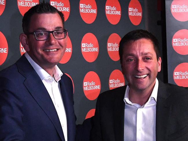 Victorian Premier Daniel Andrews (left) and Victorian Opposition Leader Matthew Guy are seen at the ABC studio in Melbourne, Thursday, November 22, 2018. Victorians go to the polls on Saturday. (AAP Image/Julian Smith) NO ARCHIVING