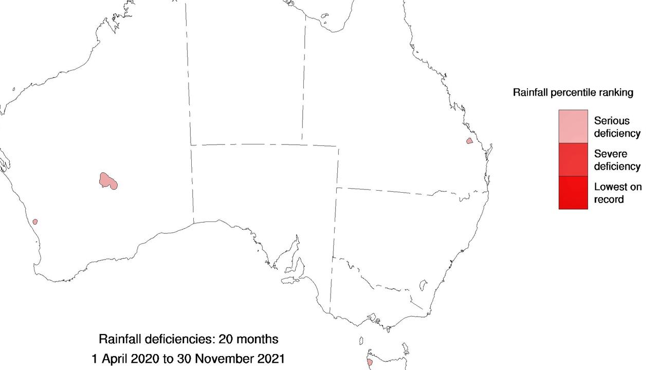 Rainfall deficiency map of Australia shows barley any deficiencies. Picture: BOM.