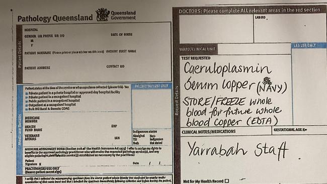 Pathology request forms circulated to Gurriny Yealamucka Health workers in Yarrabah last week ordering tests for copper. Picture: Supplied