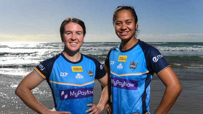 Titans stars Georgia Hale and Karli Hansen can’t wait to take on the Broncos. Picture: Grant Trouville/NRL Photos