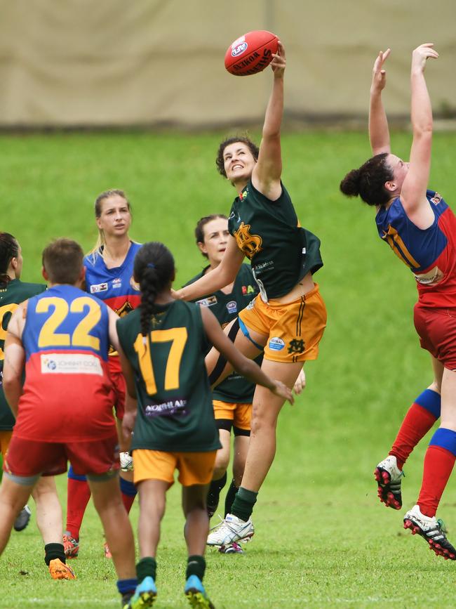 St. Mary's Jasmyn Hewett reaches above the pack against Tracy Village in 2016.