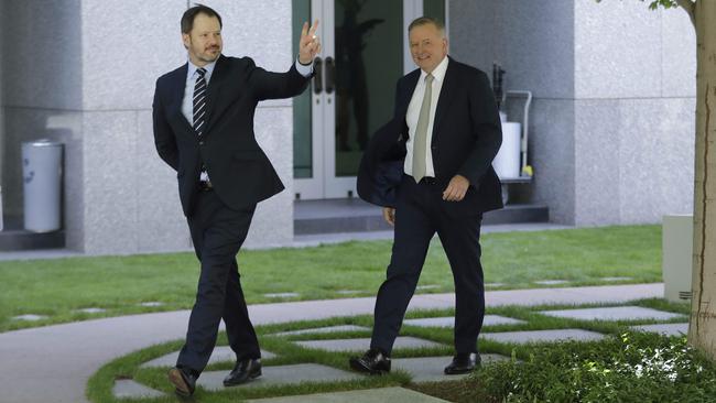 Labor leader Anthony Albanese, right, with Ed Husic, the party’s new agriculture and resources spokesman, at Parliament House in Canberra on Tuesday. Picture: Sean Davey.