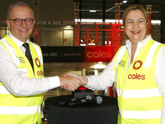 BRISBANE, AUSTRALIA - NewsWire Photos APRIL 27, 2023: Queensland Premier Annastacia Palaszczuk and Prime Minister Anthony Albanese during the opening of the Coles Automated Distribution Centre in Redbank, Brisbane. Picture: NCA NewsWire/Tertius Pickard