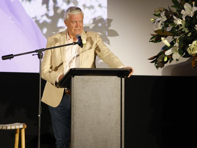 Mike Munro emcees the Public Memorial for Fashion icon Maggie Tabberer at the Randwick Ritz. Picture: NewsWire / Damian Shaw