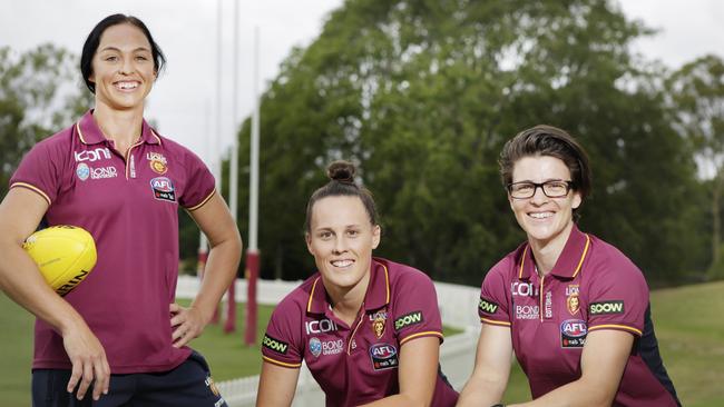 The 2019 Lions leadership group of captain Leah Kaslar, previous Captain Emma Zielke and vice-captain Sam Virgo at AFLW's. (Photo AAP/Megan Slade)