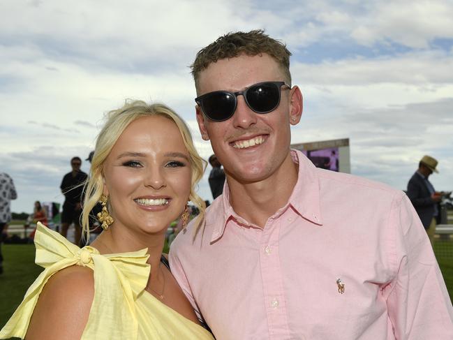 Ladbrokes Sale Cup. Racegoers are pictured attending Cup Day horse races at Sale Turf Club, Sunday 27th October 2024. Miah Stothers and Joh Fythe. Picture: Andrew Batsch