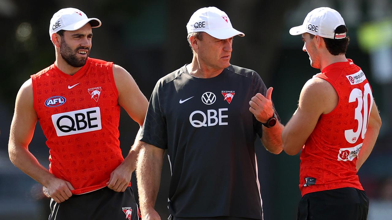 Sydney coach John Longmire speaks with Paddy and Tom McCartin during a training session. Picture: Phil Hillyard