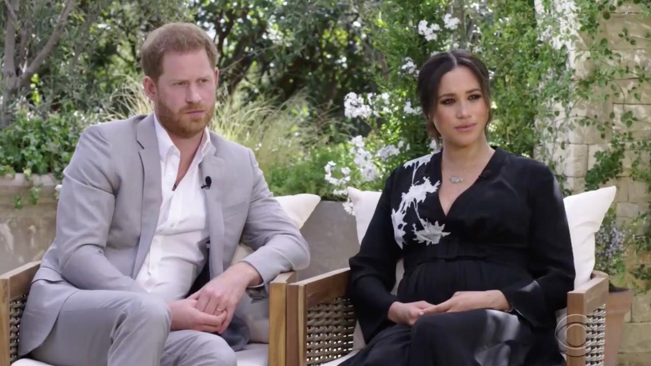 Harry and Meghan during their interview with Oprah Winfrey. Picture: CBS