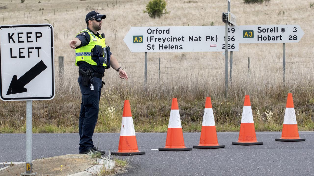 Fatal crash, Tasman Highway, Orielton. Police roadblock at the corner of Brinktop Road and the Tasman Highway. Picture: Chris Kidd