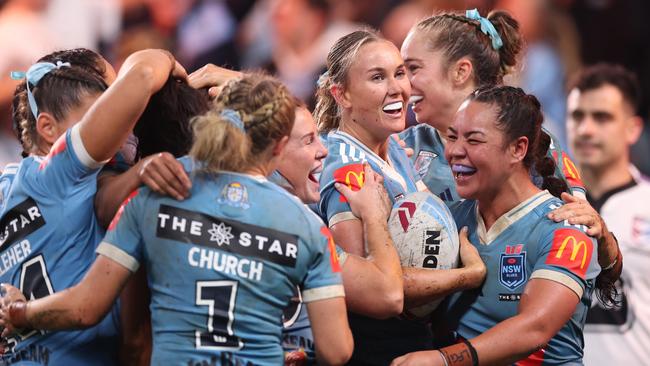 Jaime Chapman of NSW celebrates her try. (Photo by Cameron Spencer/Getty Images)