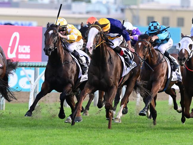 Martin Harley boots home Abounding to win the Magic Millions 3YO Guineas for Rob Heathcote. Picture: Grant Peters - Trackside Photography."