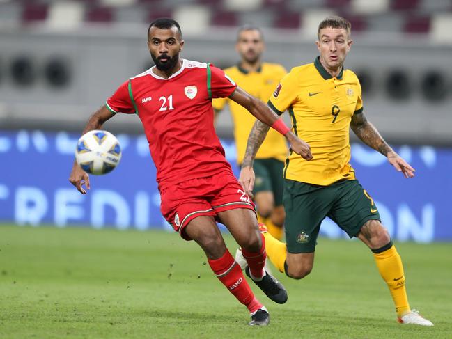 Graham Arnold is happy with the contribution of Adam Taggart (right) despite the striker’s recent lack of international goals. Picture: Mohamed Farag / Getty Images