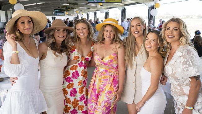 At the Warwick Cup race day are (from left) Ryle Waugh, Ella Elks, Kayleigh Waugh, Kate Ruhle, Sarah Ots, Carlee O'Mara, Rachel Ots at Allman Park Racecourse, Saturday, October 14, 2023. Picture: Kevin Farmer