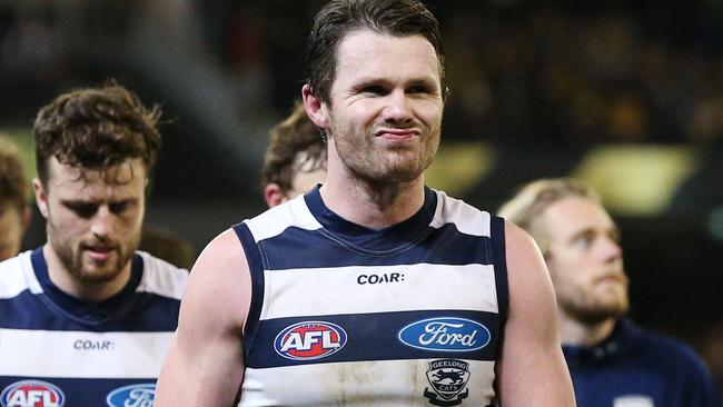 A dejected Patrick Dangerfield walks off the MCG after the qualifying final loss at the MCG last year. Picture: Getty