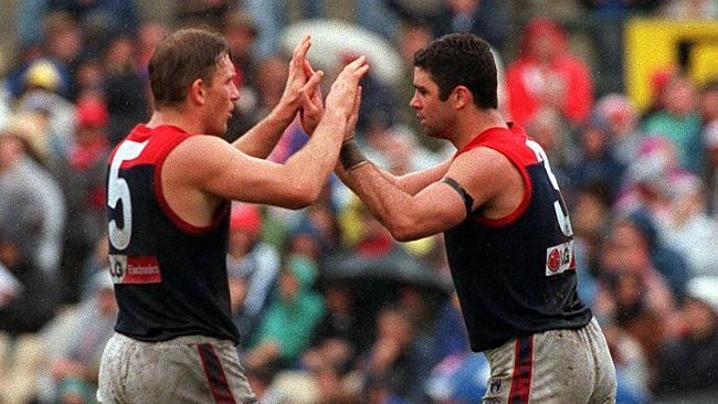  Sydney Swans v Melbourne. David Schwarz (left) and Garry Lyon. 