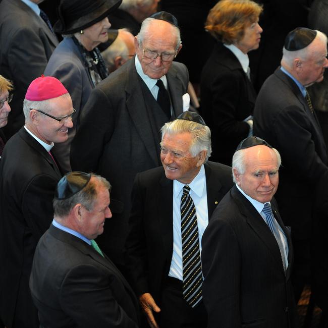 Three former prime ministers, Malcolm Fraser, Bob Hawke and John Howard, at Sir Zelman Cowen funeral at Temple Beth Israel in St Kilda in 2011.