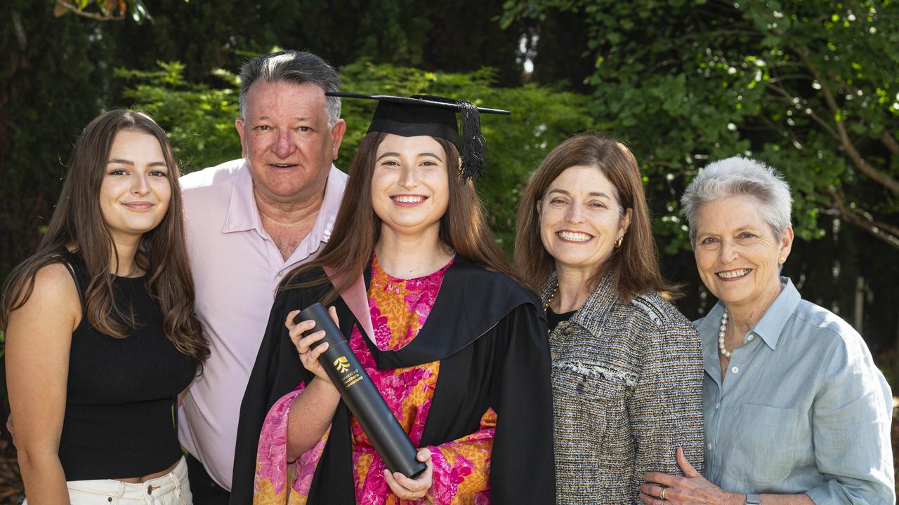 Graduate Certificate of Education (Special and Inclusive Education) graduate Kate Creese celebrates with (from left) Alice Creese, Stephen Creese, Stephanie McMahon and Meredith Scott-McMahon at a UniSQ graduation ceremony at The Empire, Tuesday, October 29, 2024. Picture: Kevin Farmer