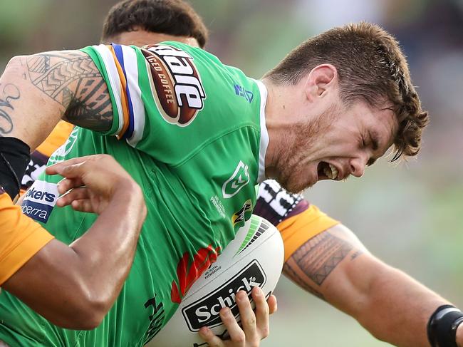 CANBERRA, AUSTRALIA - APRIL 21: John Bateman of the Raiders is tackled during the round 6 NRL match between the Canberra Raiders and the Brisbane Broncos at GIO Stadium on April 21, 2019 in Canberra, Australia. (Photo by Mark Kolbe/Getty Images)