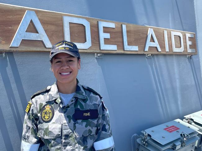 Royal Australian Navy Leading Seaman Christine Fine, 26, is one of at least four Tongans on board the HMAS Adelaide as it heads to the devastated pacific island laden with humanitarian supplies. Picture: Supplied