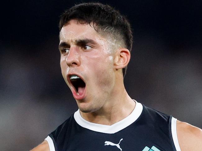 MELBOURNE, AUSTRALIA - MARCH 29: Adam Cerra of the Blues celebrates a goal during the 2024 AFL Round 03 match between the North Melbourne Kangaroos and the Carlton Blues at Marvel Stadium on March 29, 2024 in Melbourne, Australia. (Photo by Dylan Burns/AFL Photos via Getty Images)