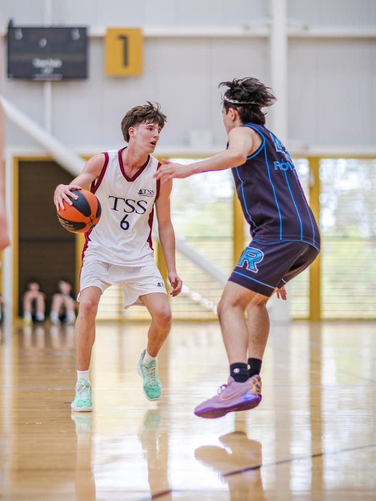 Foxwell (right) guards Southport’s Ben Tweedy at the School Championships. Picture: Taylor Earnshaw