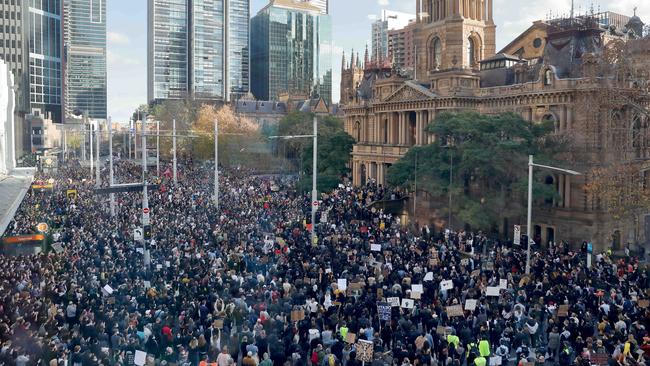 Thousands of people outside Sydney Town Hall at the Stop All Black Deaths in Custody Protest. Picture: Damian Shaw