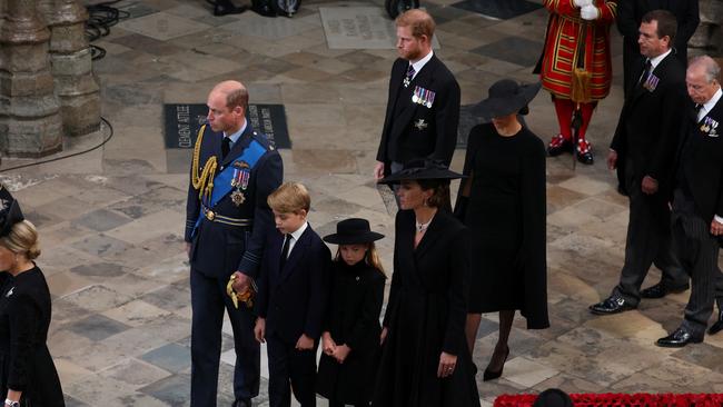 The Duke and Duchess of Sussex walk behind the Prince and Princess of Wales and their children. Picture: Getty Images