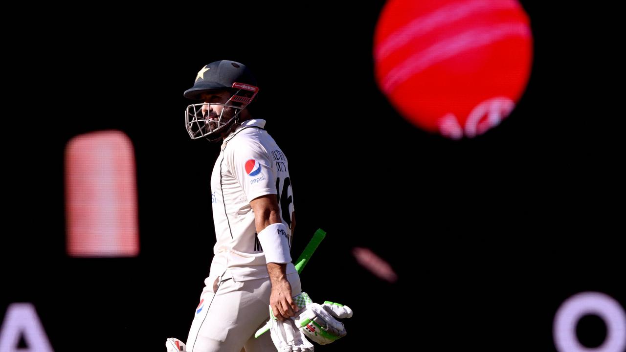 Mohammad Rizwan walks off after his dismissal. Picture: William WEST / AFP