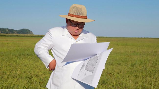 Kim Jong-un inspect construction preparations for the Onpho greenhouse farm in Kyongsong county in North Hamgyong province. Picture: KCNA/AFP