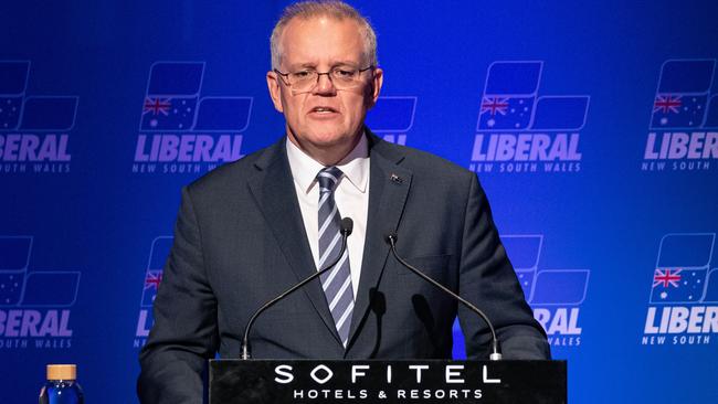 Prime Minister Scott Morrison delivers a speech about the federal budget in Sydney on Friday. Picture: NCA NewsWire / Christian Gilles