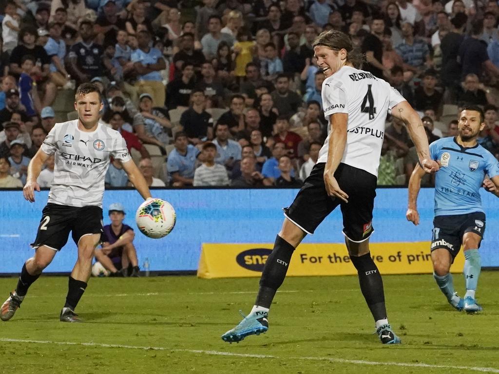 Kosta Barbarouses scores Sydney FC’s winning goal in their 2-1 win over Melbourne City in December. Picture: AAP Image/Mark Evans