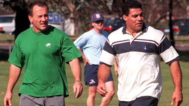 Mal Meninga (R) with former Raiders, Wests Tigers and Australia coach Tim Sheens in 1996.