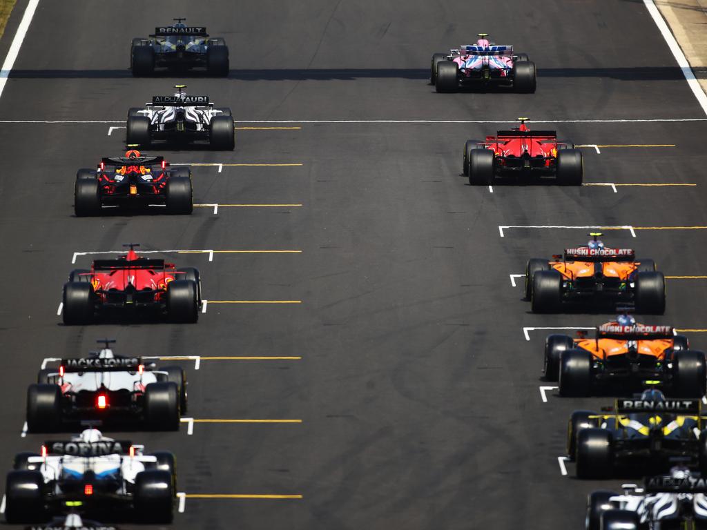 A familiar sight: Lewis Hamilton leads the field off on the formation lap during the F1 70th Anniversary Grand Prix. (Photo by Bryn Lennon/Getty Images)