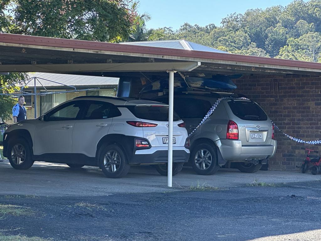 Police in College St, East Lismore following the discovery of the bodies. Picture: Cath Piltz.