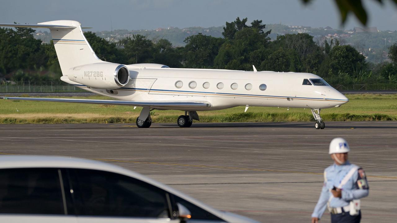 The aircraft transporting tech billionaire Elon Musk is seen during his arrival at Ngurah Rai International airport. Picture: Sonny Tumbelaka / AFP