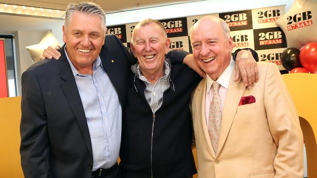Broadcasters Ray Hadley (left), Alan Jones (right) and major Macquarie Media shareholder John Singleton (centre). Picture: James Croucher