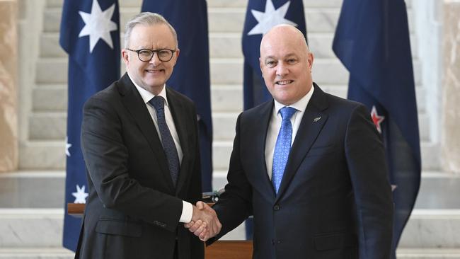 Anthony Albanese and New Zealand Prime Minister Christopher Luxon shake hands at Parliament House in Canberra. Picture: NewsWire / Martin Ollman