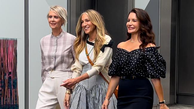 Friends forever ... well these three at least. Cynthia Nixon, Sarah Jessica Parker and Kristin Davis filming And Just Like that in July in New York City. Picture: Jose Perez/Bauer-Griffin/GC Images