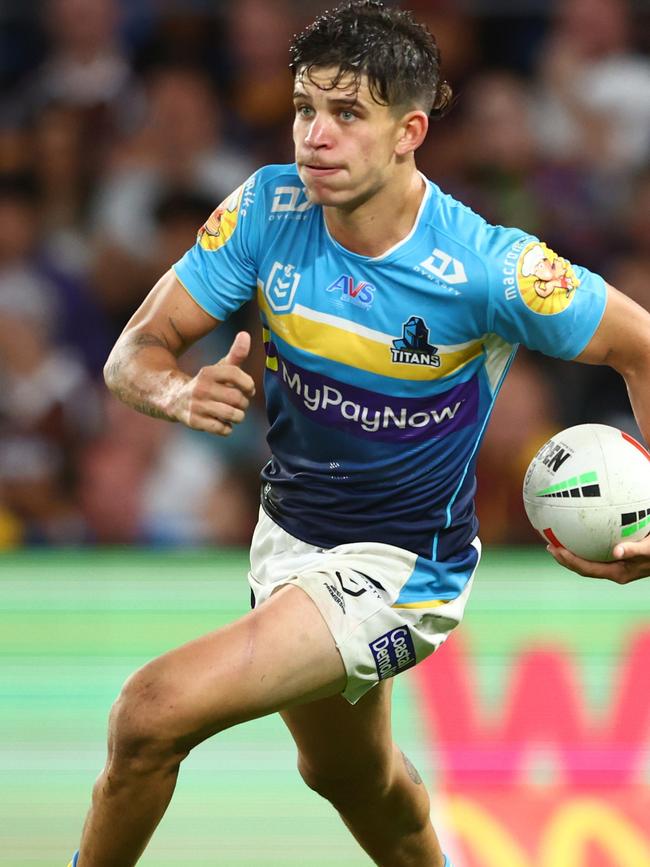 Jayden Campbell of the Titans runs the ball during the round seven NRL match between Gold Coast Titans and Brisbane Broncos at Cbus Super Stadium on April 15, 2023 in Gold Coast, Australia. (Photo by Chris Hyde/Getty Images)