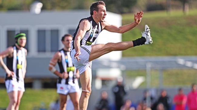 Round 4 TSL match between the Kingborough Tigers v Glenorchy Magpies from Kingston Twin Ovals. Magpies Jaye Bowden kicks for goal. Picture: Zak Simmonds