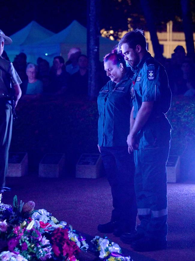 Anzac Day 2025. Dawn service Anzac Park Townsville. Members of the public lay wreaths. Picture: Evan Morgan
