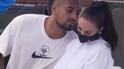 Nick Kyrgios has been spotted at the Australian Open with his girlfriend, spending Valentine's Day with Chiara Passari at Melbourne Park. Picture: Channel 9