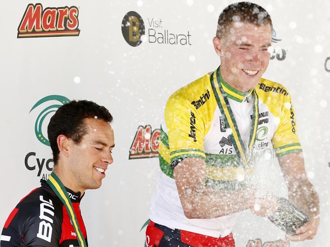 Richie Porte (L) on the podium with Rohan Dennis. Picture: Colleen Petch.