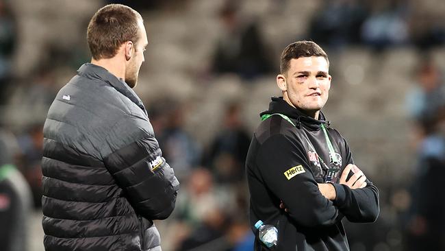 Isaah Yeo and Nathan Cleary have thrown their support behind Liam Martin retaining his Origin position ahead of Angus Crichton. Picture: Mark Kolbe/Getty Images