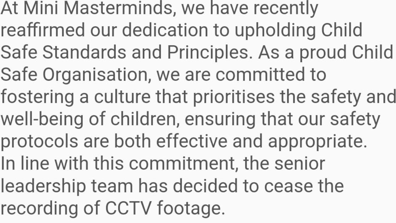 The initial communication sent to parents revealing a decision “to cease the recording of CCTV footage”. Picture: Supplied