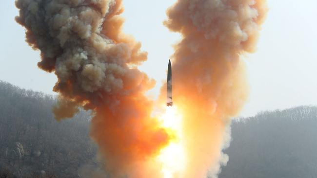 A warhead missile launch exercise simulating a tactical nuclear attack in Cholsan county, North Pyongan Province. Picture: AFP