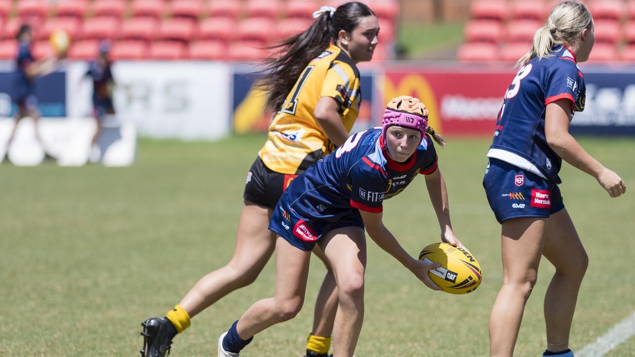 Mia Byrnes for Western Clydesdales against Sunshine Coast Falcons in Harvey Norman under-19s QRL trial match at Clive Berghofer Stadium, Saturday, February 3, 2024. Picture: Kevin Farmer