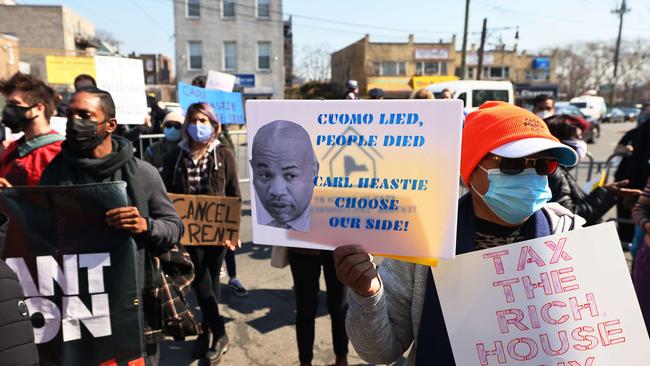 People gather to protest outside of the office of New York State Assembly member Carl Heastie on March 11 calling for rent relief and demanding the impeachment of Andrew Cuomo in response to the sexual harassment allegations. Picture: Michael M. Santiago/Getty Images/AFP