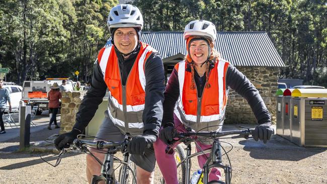 MOUNTAIN TOURISTS – John Austin and Stacey Smith from Melbourne enjoying mountain bike tours at Mt Wellington. Picture: Caroline Tan